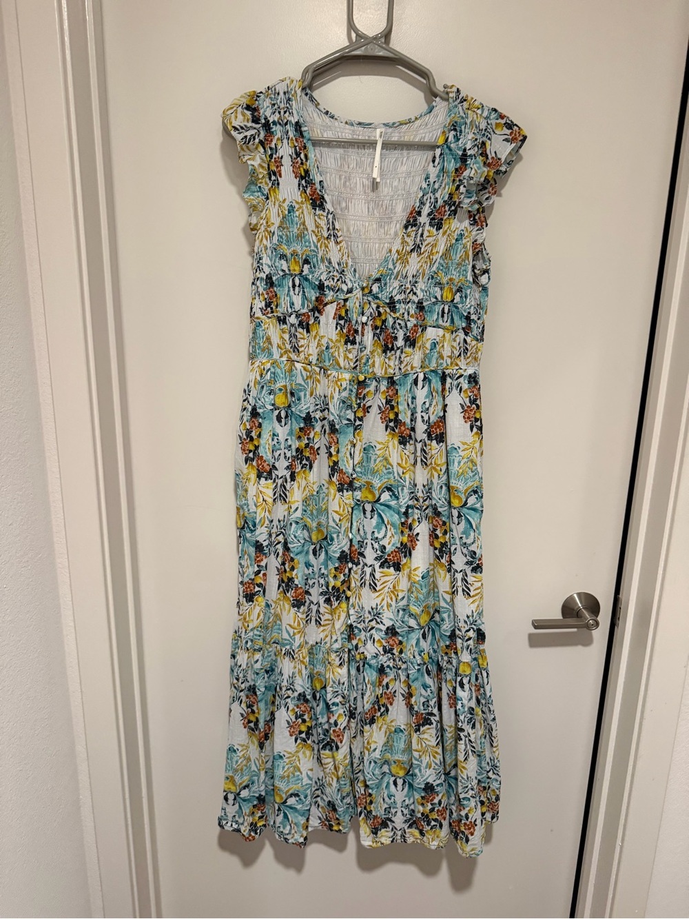 Anthropologie Teal, Yellow and White Floral Maxi Dress